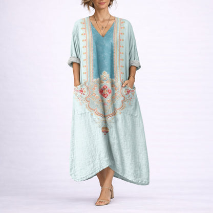 Boho Paisley Print Kaftan Maxi Dress – V-Neck Loose Fit with Pockets