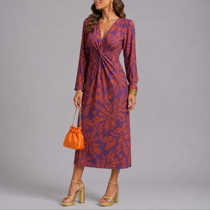 Floral Print Twist-Front Midi Dress – Long Sleeve V-Neck Wedding Guest