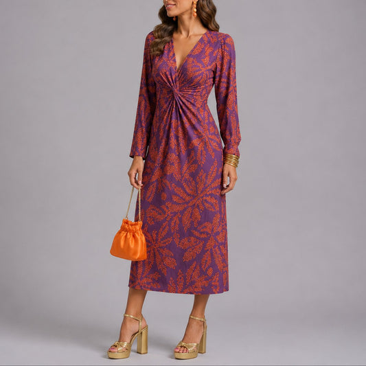 Floral Print Twist-Front Midi Dress – Long Sleeve V-Neck Wedding Guest