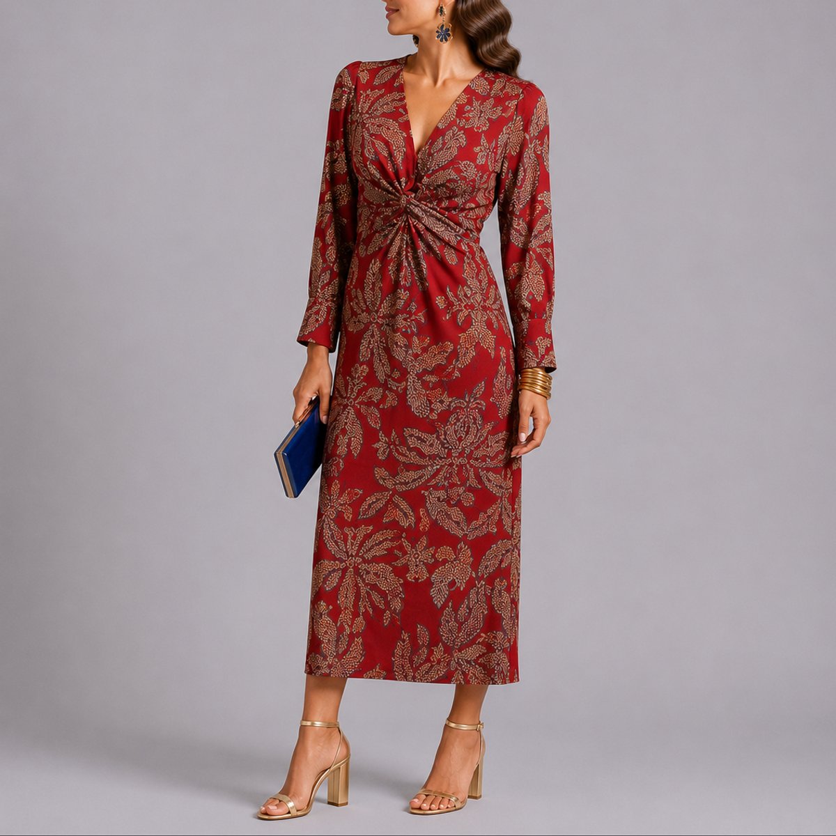 Floral Print Twist-Front Midi Dress – Long Sleeve V-Neck Wedding Guest