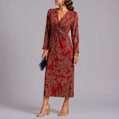 Floral Print Twist-Front Midi Dress – Long Sleeve V-Neck Wedding Guest
