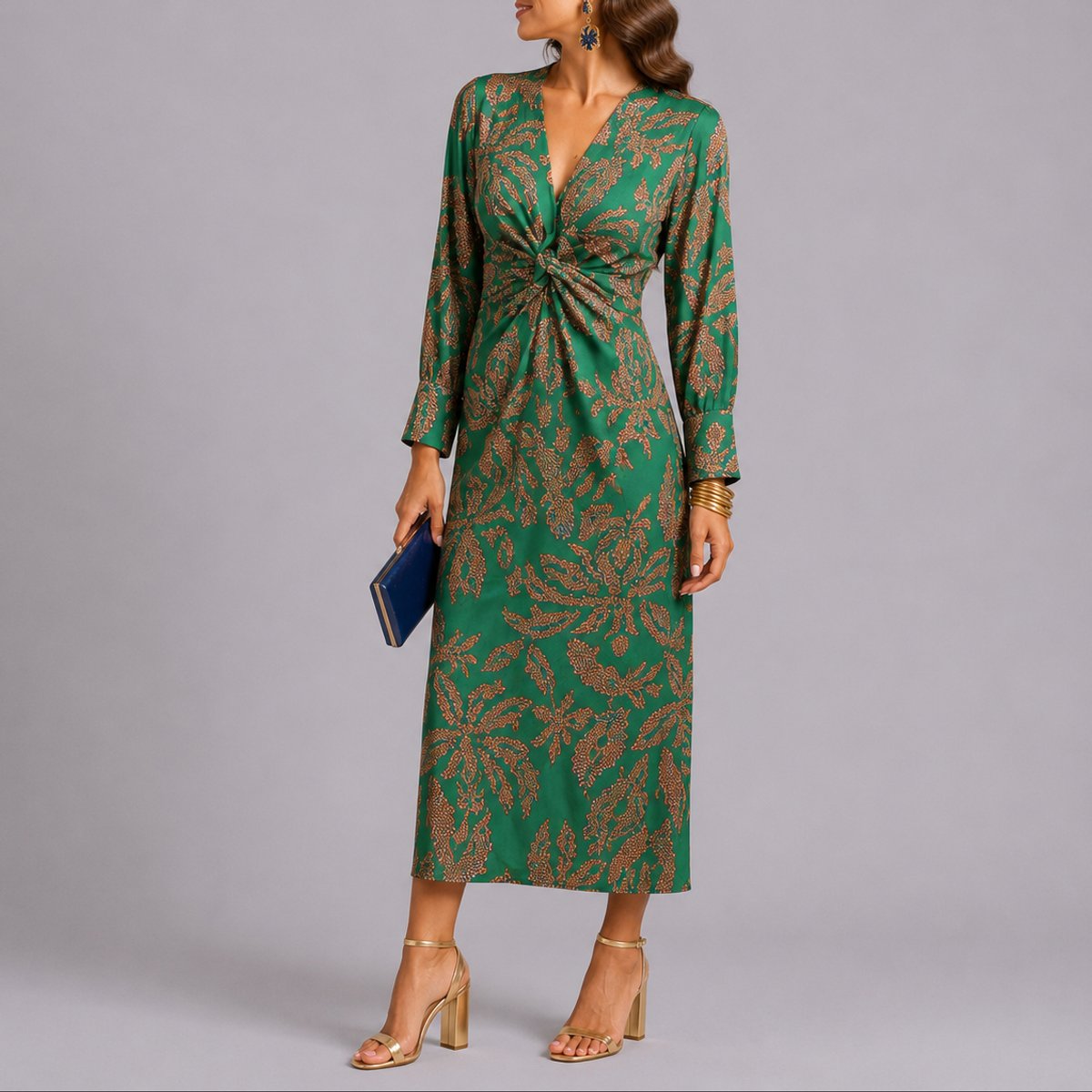 Floral Print Twist-Front Midi Dress – Long Sleeve V-Neck Wedding Guest