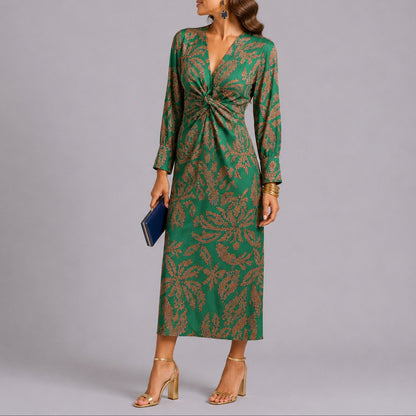 Floral Print Twist-Front Midi Dress – Long Sleeve V-Neck Wedding Guest