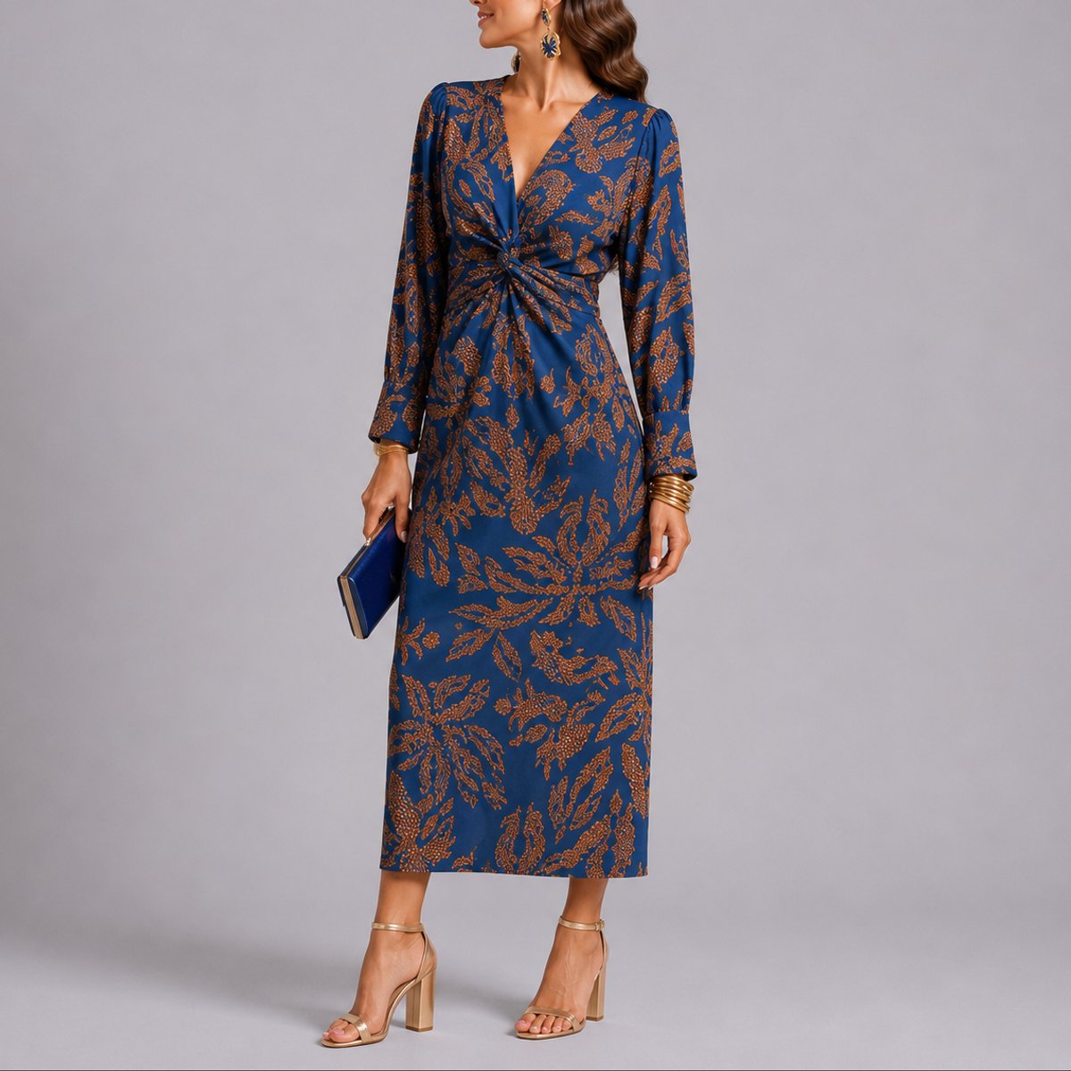 Floral Print Twist-Front Midi Dress – Long Sleeve V-Neck Wedding Guest
