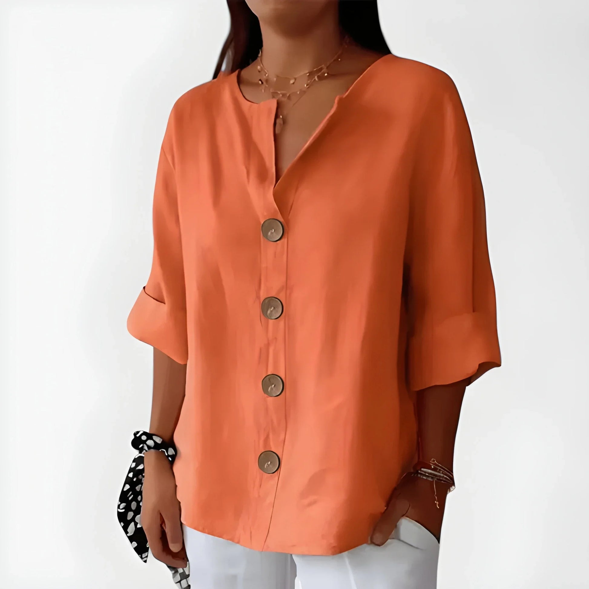 Women's V-Neck Button-Down Blouse – Loose Fit 3/4 Sleeve Summer Top