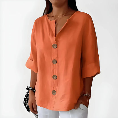Women's V-Neck Button-Down Blouse – Loose Fit 3/4 Sleeve Summer Top