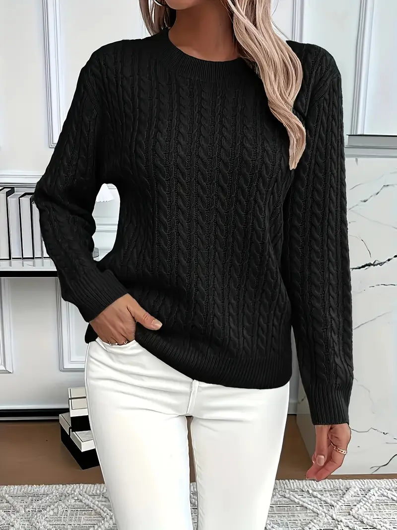 Cable Knit Crewneck Pullover Sweater – Long Sleeve Relaxed Fit