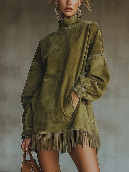 Fringe Hem Mini Dress – Oversized Mock Neck Long Sleeve