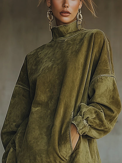 Fringe Hem Mini Dress – Oversized Mock Neck Long Sleeve