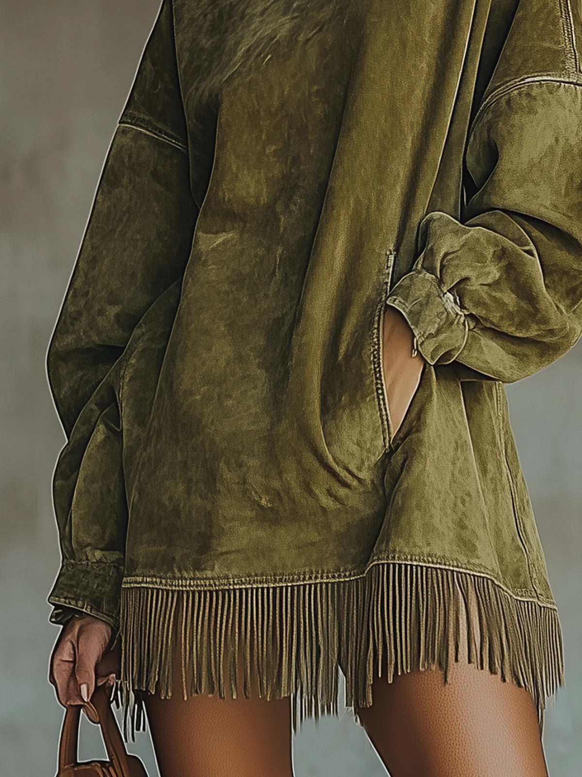 Fringe Hem Mini Dress – Oversized Mock Neck Long Sleeve