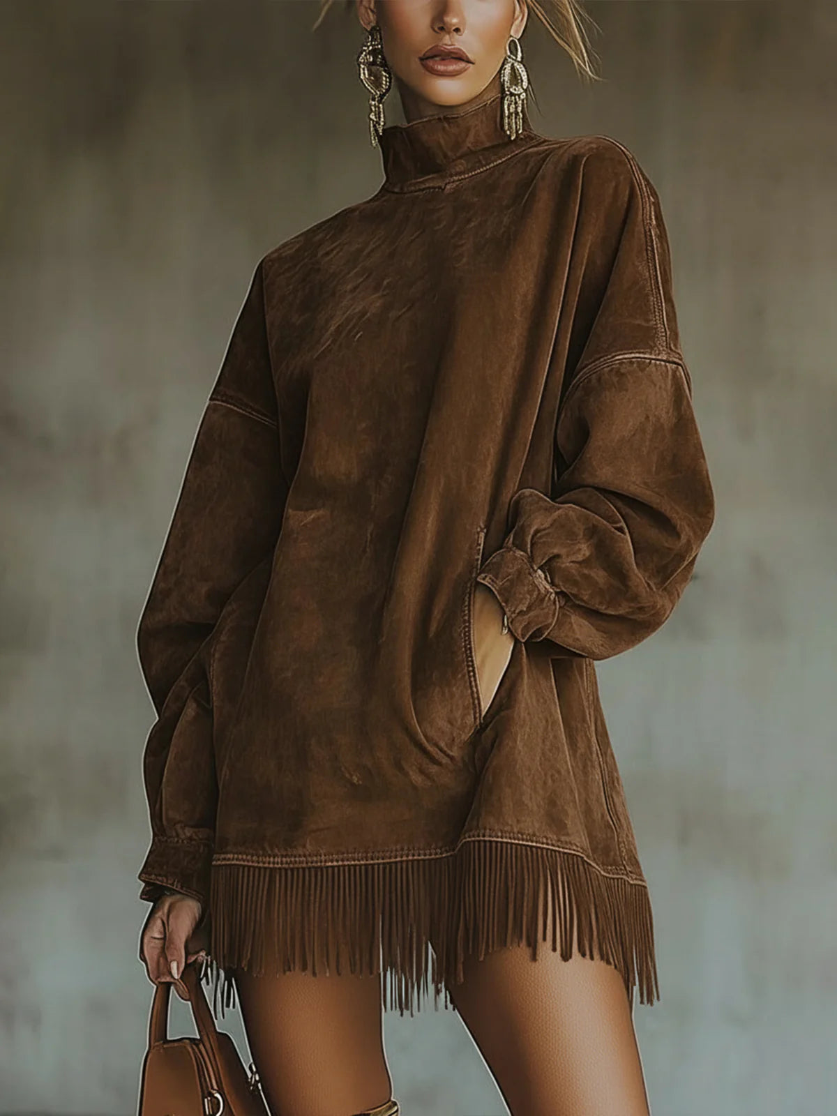 Fringe Hem Mini Dress – Oversized Mock Neck Long Sleeve