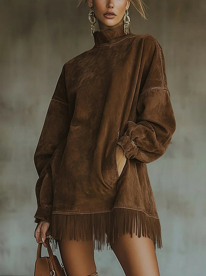Fringe Hem Mini Dress – Oversized Mock Neck Long Sleeve