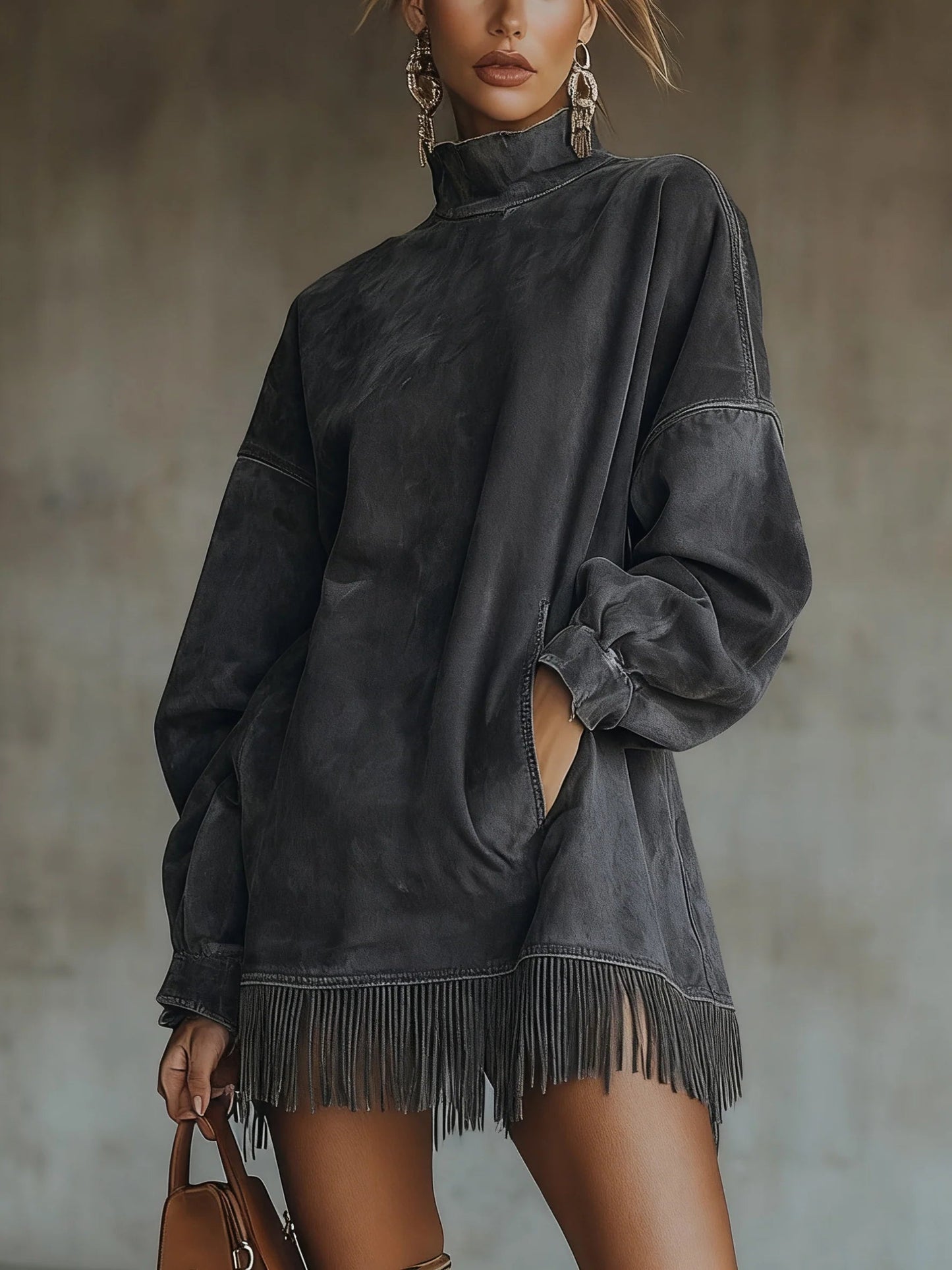Fringe Hem Mini Dress – Oversized Mock Neck Long Sleeve