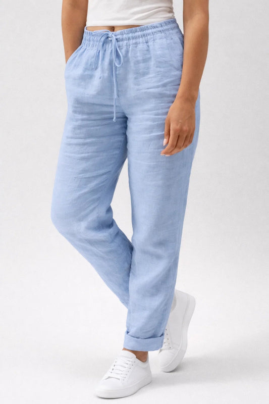 Linen Straight-Leg Pants – Drawstring Elastic Waist Casual Summer