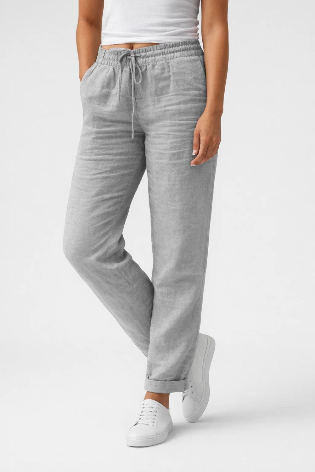 Linen Straight-Leg Pants – Drawstring Elastic Waist Casual Summer
