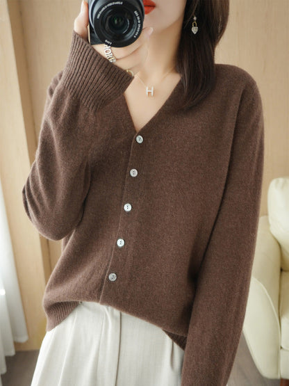Knit V-Neck Cardigan – Button-Front Long Sleeve Layering Sweater