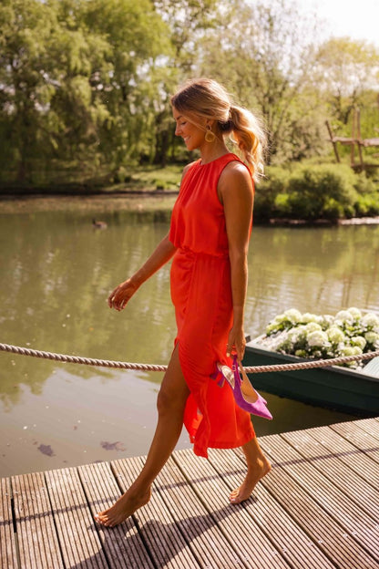 Women's Halter Neck Midi Dress – Sleeveless Blouson Side Slit Summer Dress