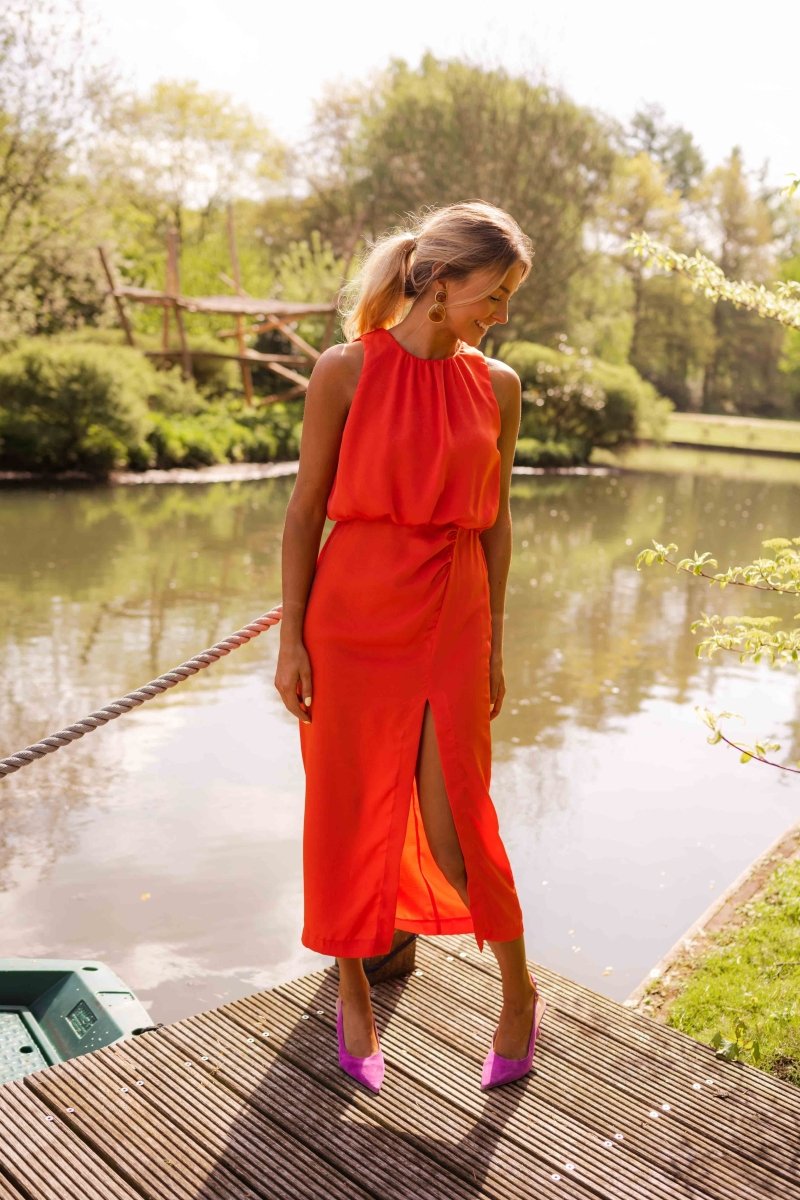 Women's Halter Neck Midi Dress – Sleeveless Blouson Side Slit Summer Dress