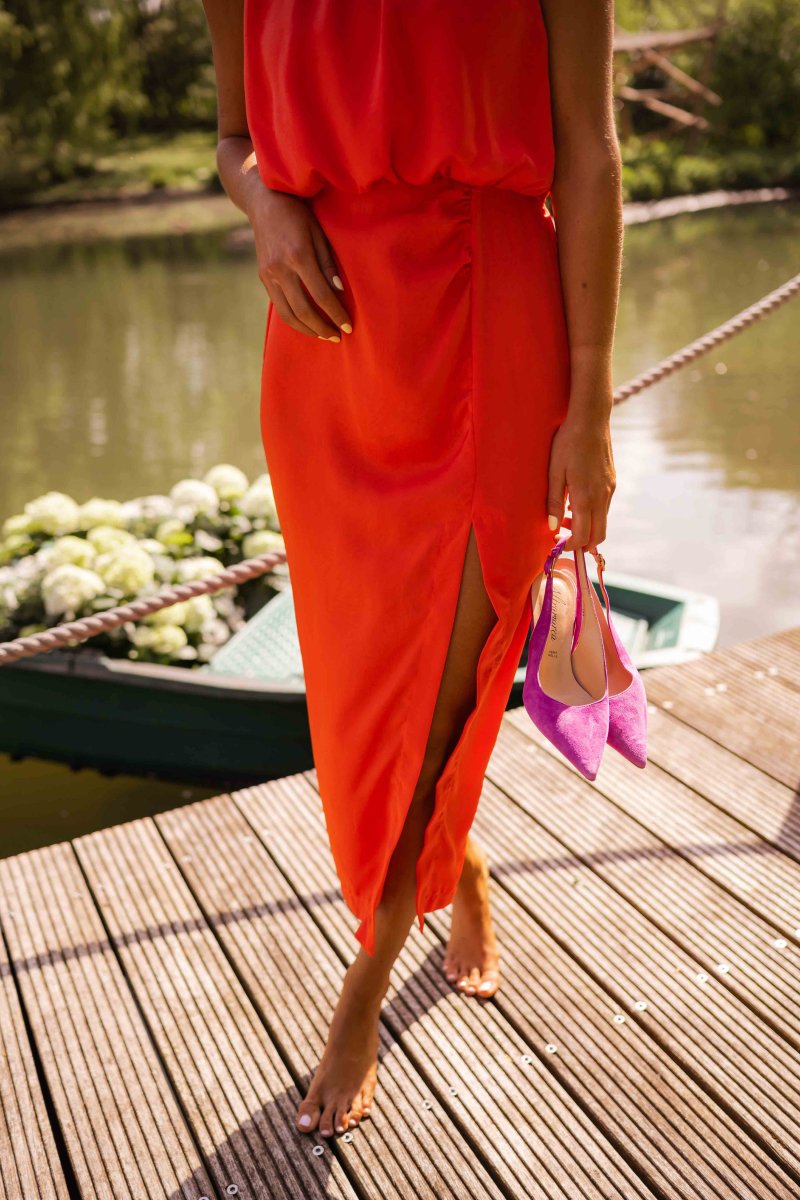 Women's Halter Neck Midi Dress – Sleeveless Blouson Side Slit Summer Dress