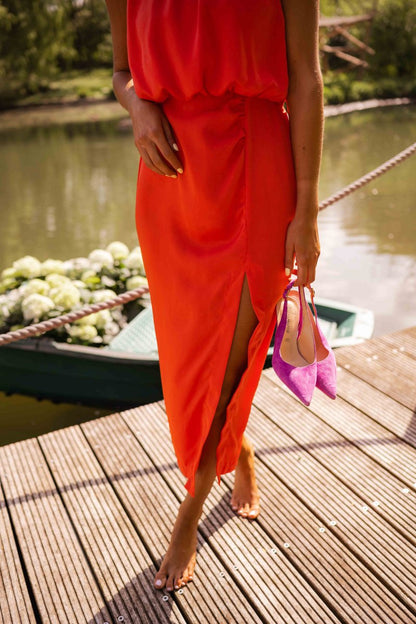 Women's Halter Neck Midi Dress – Sleeveless Blouson Side Slit Summer Dress