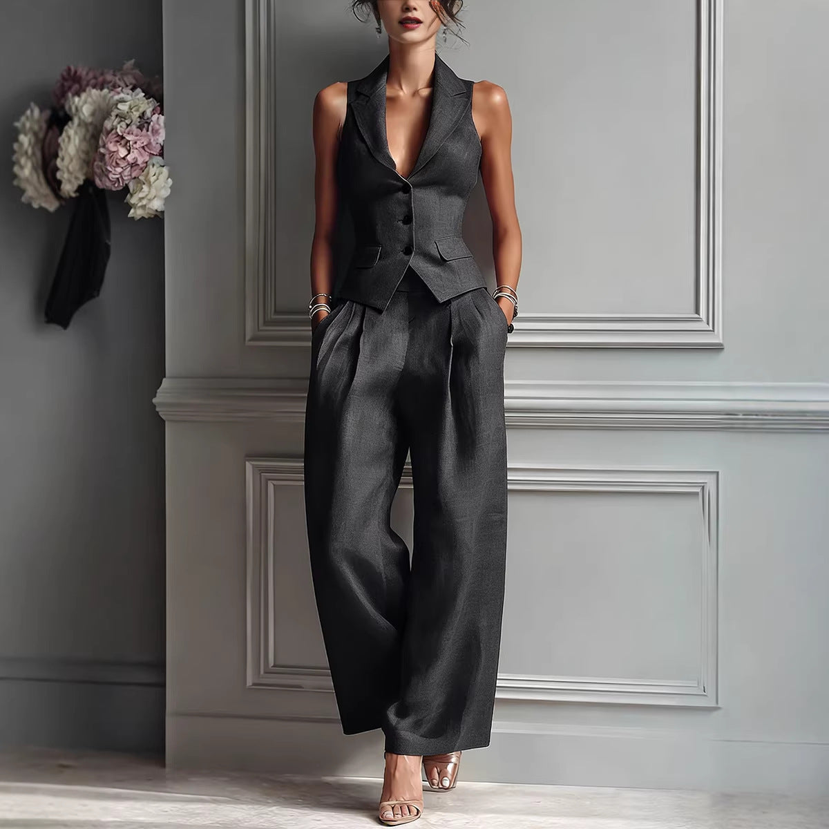 Sleeveless Blazer Vest Wide Leg Pants Set – Women's 2 Piece Business Casual Suit