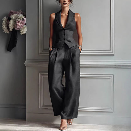 Sleeveless Blazer Vest Wide Leg Pants Set – Women's 2 Piece Business Casual Suit