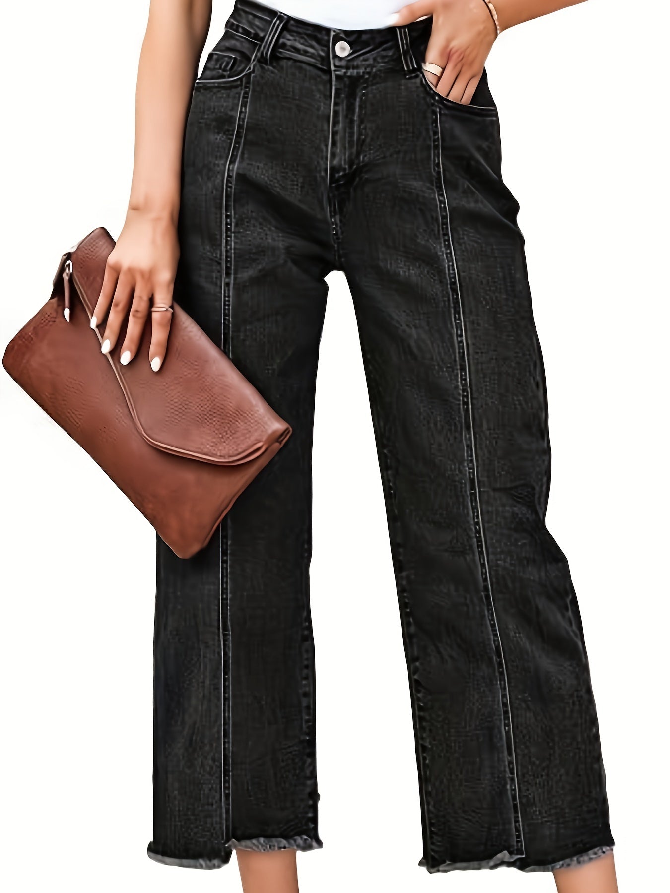 High Waist Wide Leg Cropped Jeans – Raw Hem Dark Wash Denim