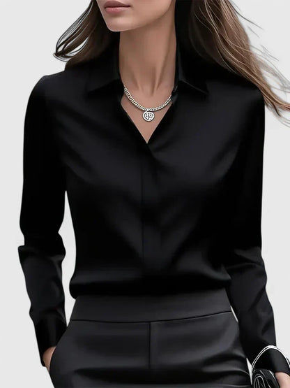 Satin Button-Down Blouse – Long Sleeve Hidden Placket Work Top