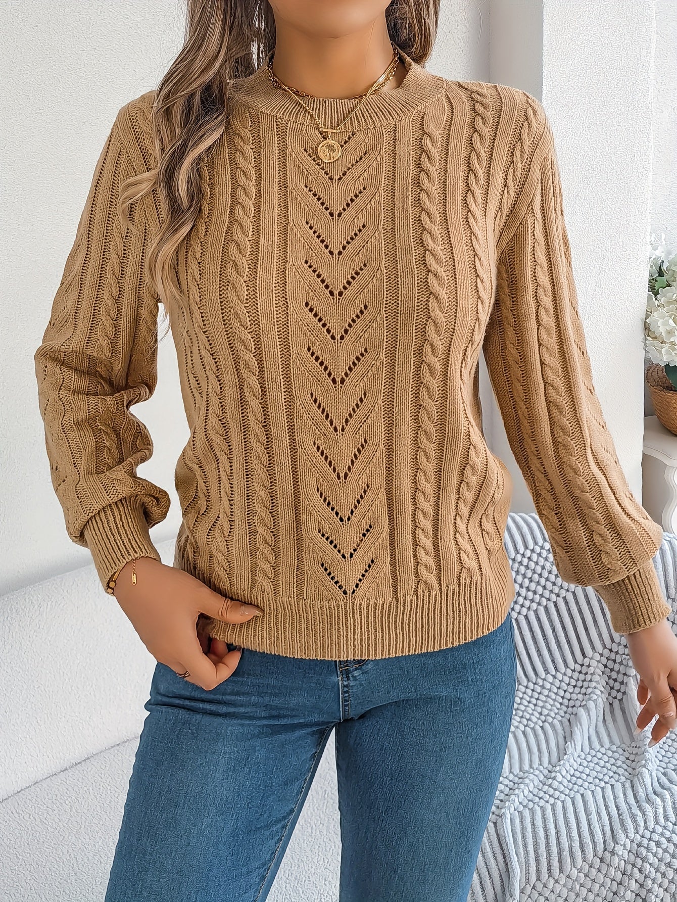 Cable Knit Openwork Pullover Sweater – Crewneck Long Sleeve Relaxed Fit