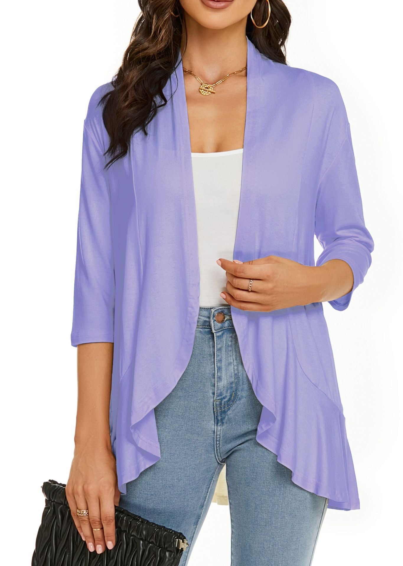 Open Front Draped Cardigan – Women's 3/4 Sleeve Lightweight Layer