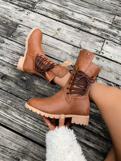 Lace-Up Mid-Calf Combat Boots – Studded Lug Sole Block Heel