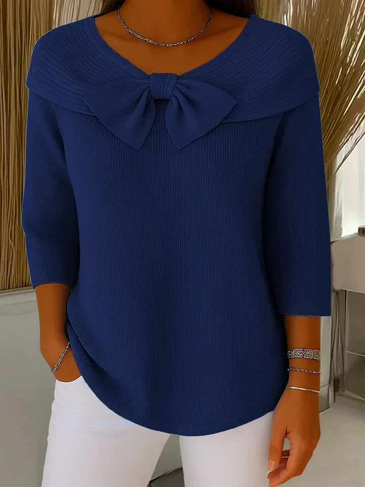 Bow Front Ribbed Knit Top – Women's 3/4 Sleeve Round Neck Pullover