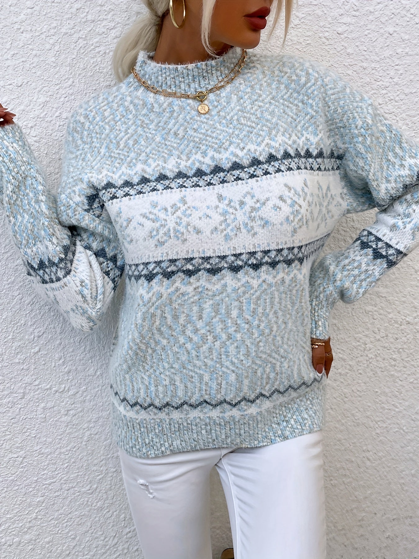 Fair Isle Snowflake Mock Neck Sweater – Relaxed Fit Winter Pullover