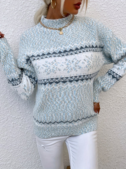 Fair Isle Snowflake Mock Neck Sweater – Relaxed Fit Winter Pullover