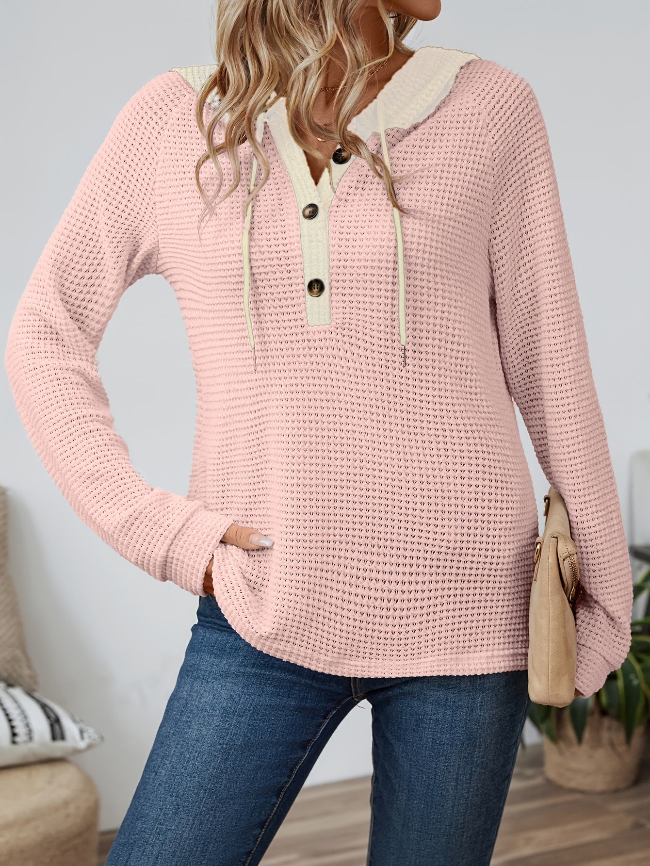 Waffle Knit Hoodie Top – Color Block Henley Long Sleeve