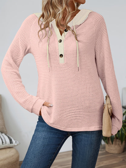 Waffle Knit Hoodie Top – Color Block Henley Long Sleeve