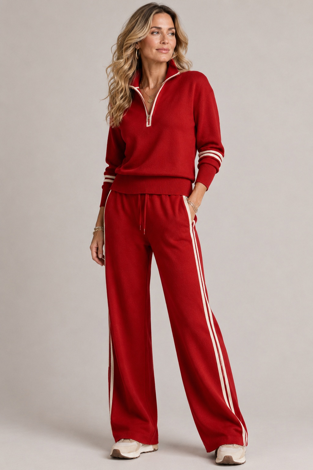 Knit Half-Zip Two-Piece Set – Wide-Leg Pants Stripe Detail