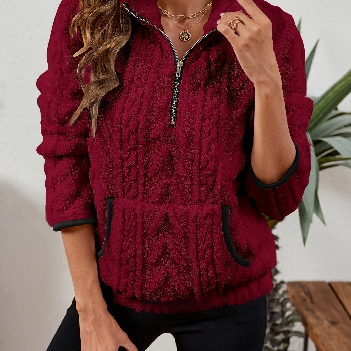 Sherpa Fleece Half-Zip Pullover – Textured Long Sleeve with Kangaroo Pocket