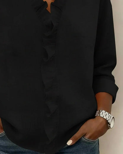 Ruffle V-Neck Long Sleeve Blouse – Relaxed Fit Casual Top