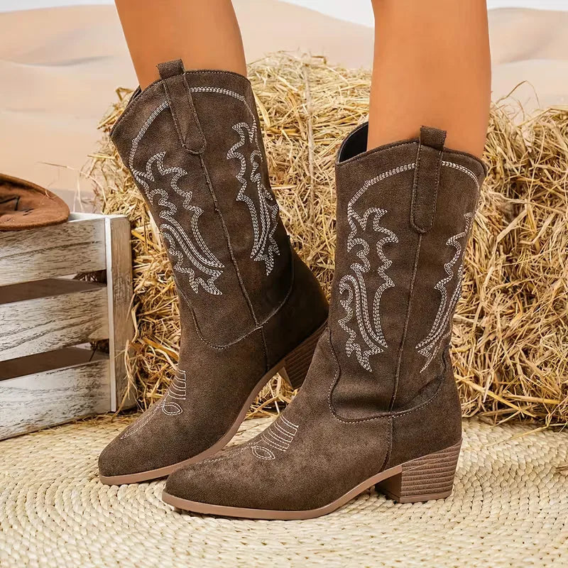Embroidered Cowboy Boots Women – Mid-Calf Western Block Heel