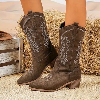 Embroidered Cowboy Boots Women – Mid-Calf Western Block Heel