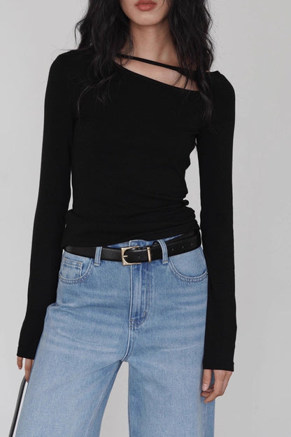 Cutout Long Sleeve Top – Asymmetric Neck Slim Fit Knit