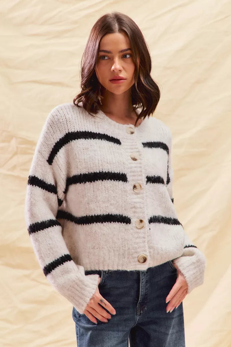Striped Knit Cardigan – Button-Front Crew Neck Relaxed Fit