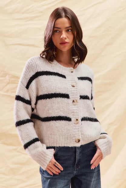 Striped Knit Cardigan – Button-Front Crew Neck Relaxed Fit