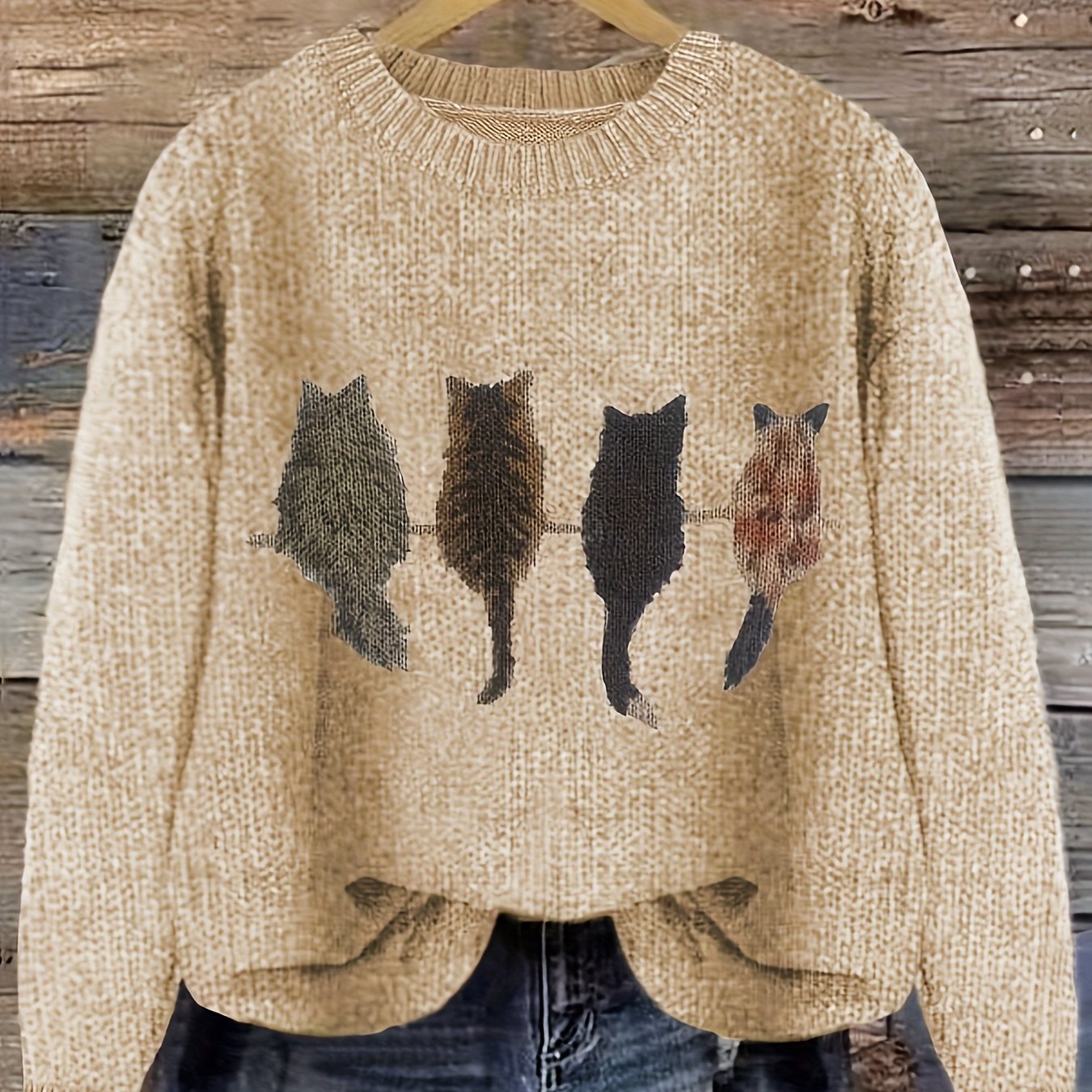 Cat Print Knit Pullover Sweater – Crewneck Relaxed Fit Long Sleeve