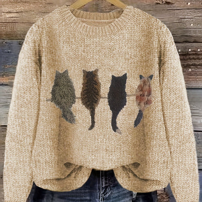 Cat Print Knit Pullover Sweater – Crewneck Relaxed Fit Long Sleeve