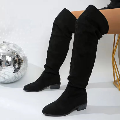 Faux Suede Over-the-Knee Slouch Boots – Block Heel Slip-On