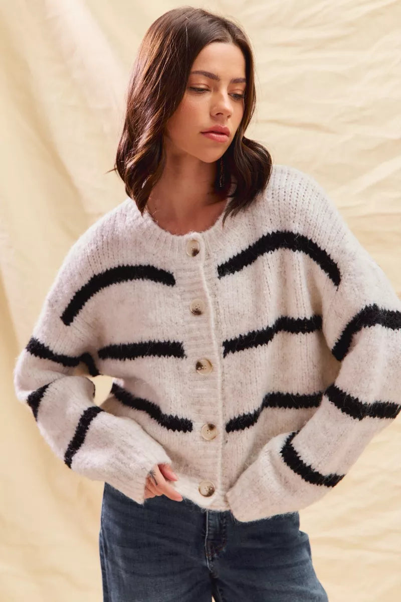 Striped Knit Cardigan – Button-Front Crew Neck Relaxed Fit