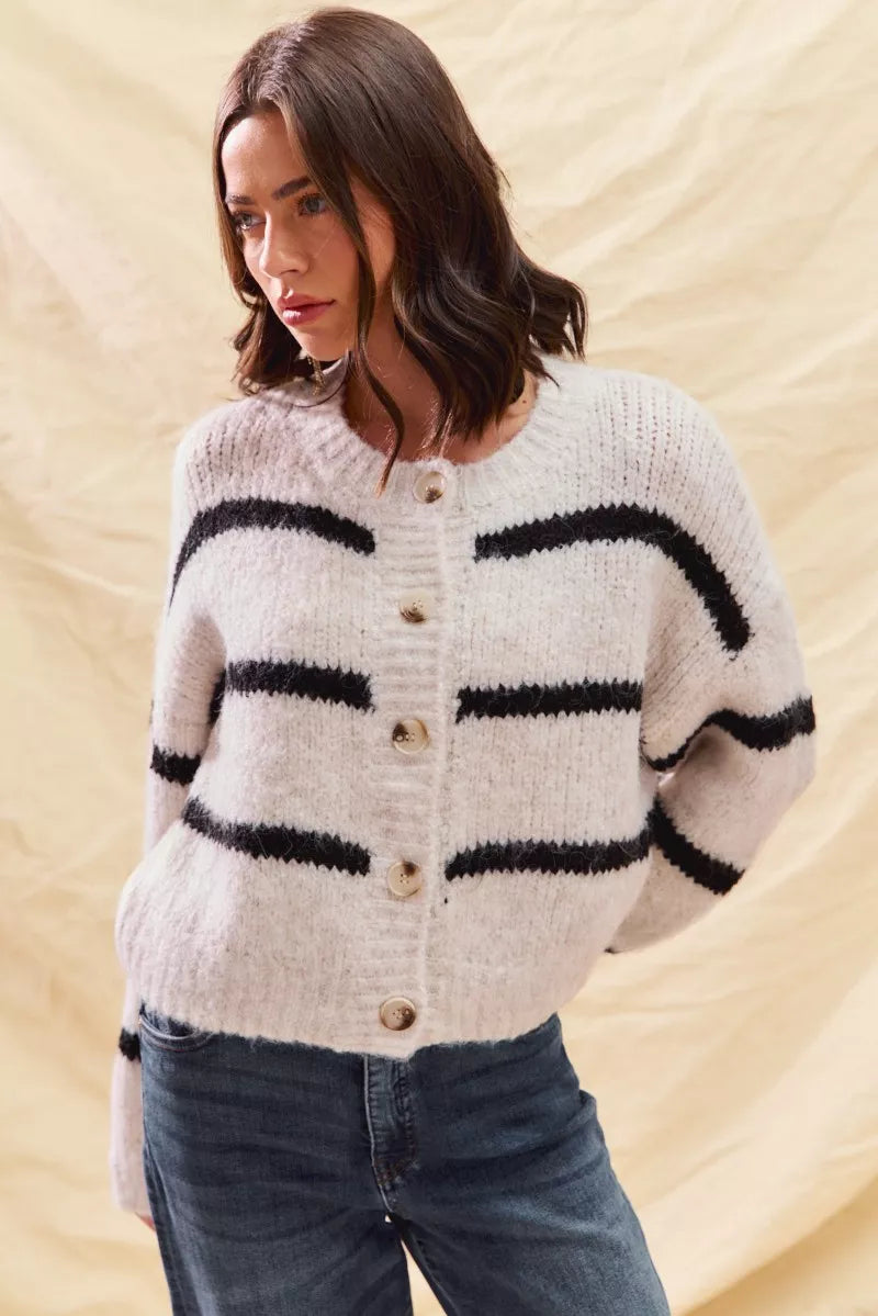 Striped Knit Cardigan – Button-Front Crew Neck Relaxed Fit