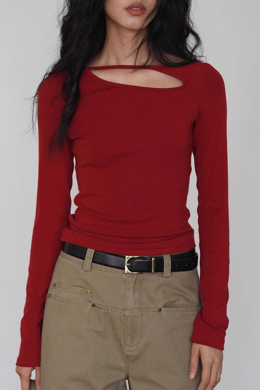 Cutout Long Sleeve Top – Asymmetric Neck Slim Fit Knit